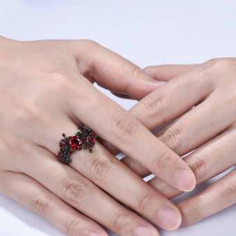 Gothic Garnet Engagement Ring, Black Gold Twig Branch, Marquise Cluster Wedding Band