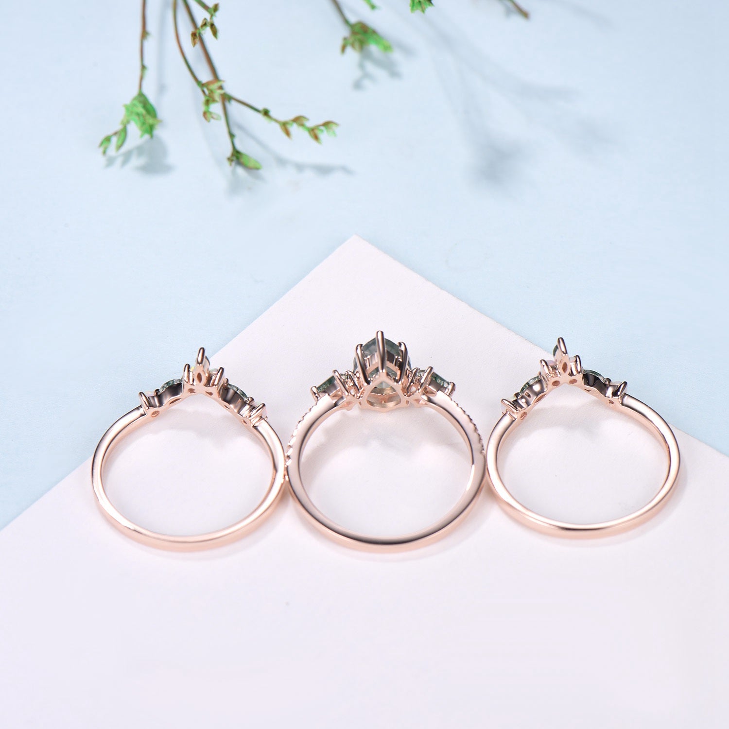 Vintage Pear Shaped Moss Agate Engagement Ring Set Kite Green Agate Opal Wedding Set Cute Opal Stacking Band Unique Bridal Set For Women - PENFINE
