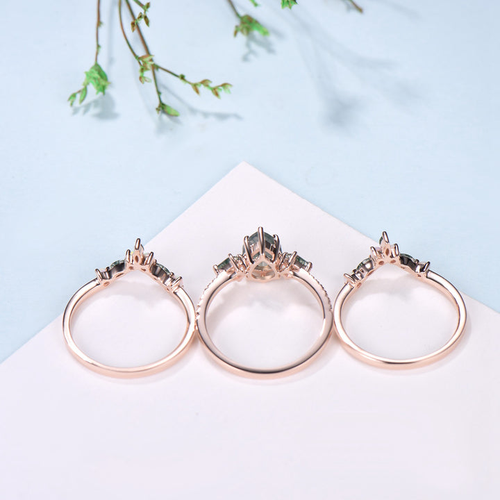 Vintage Pear Shaped Moss Agate Engagement Ring Set Kite Green Agate Opal Wedding Set Cute Opal Stacking Band Unique Bridal Set For Women - PENFINE