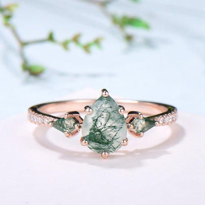 Vintage Pear Shaped Moss Agate Engagement Ring Set Kite Green Agate Opal Wedding Set Cute Opal Stacking Band Unique Bridal Set For Women - PENFINE