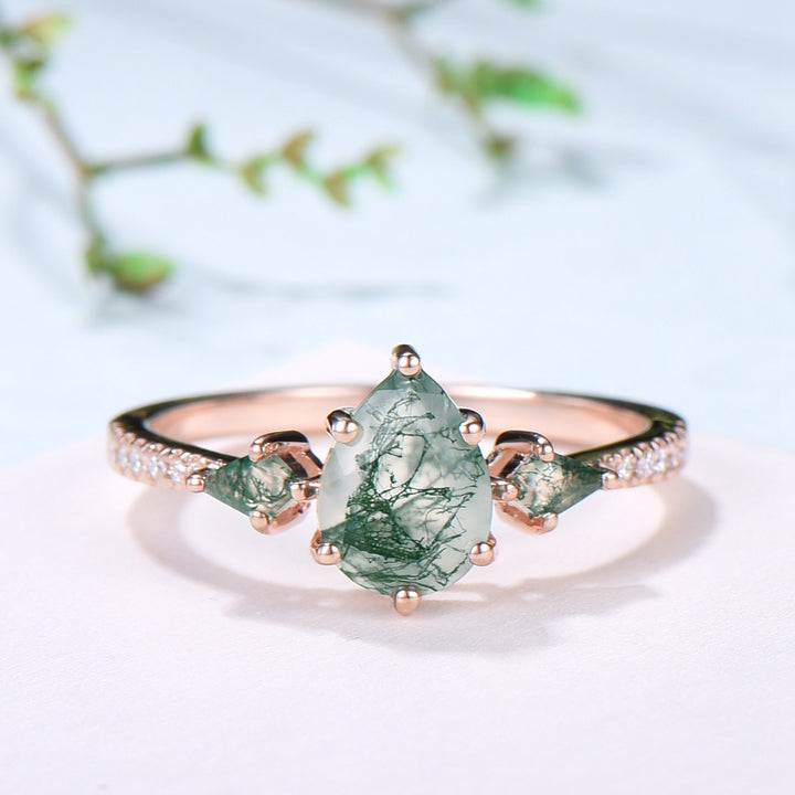 Vintage Pear Shaped Moss Agate Engagement Ring Set Kite Green Agate Opal Wedding Set Cute Opal Stacking Band Unique Bridal Set For Women - PENFINE