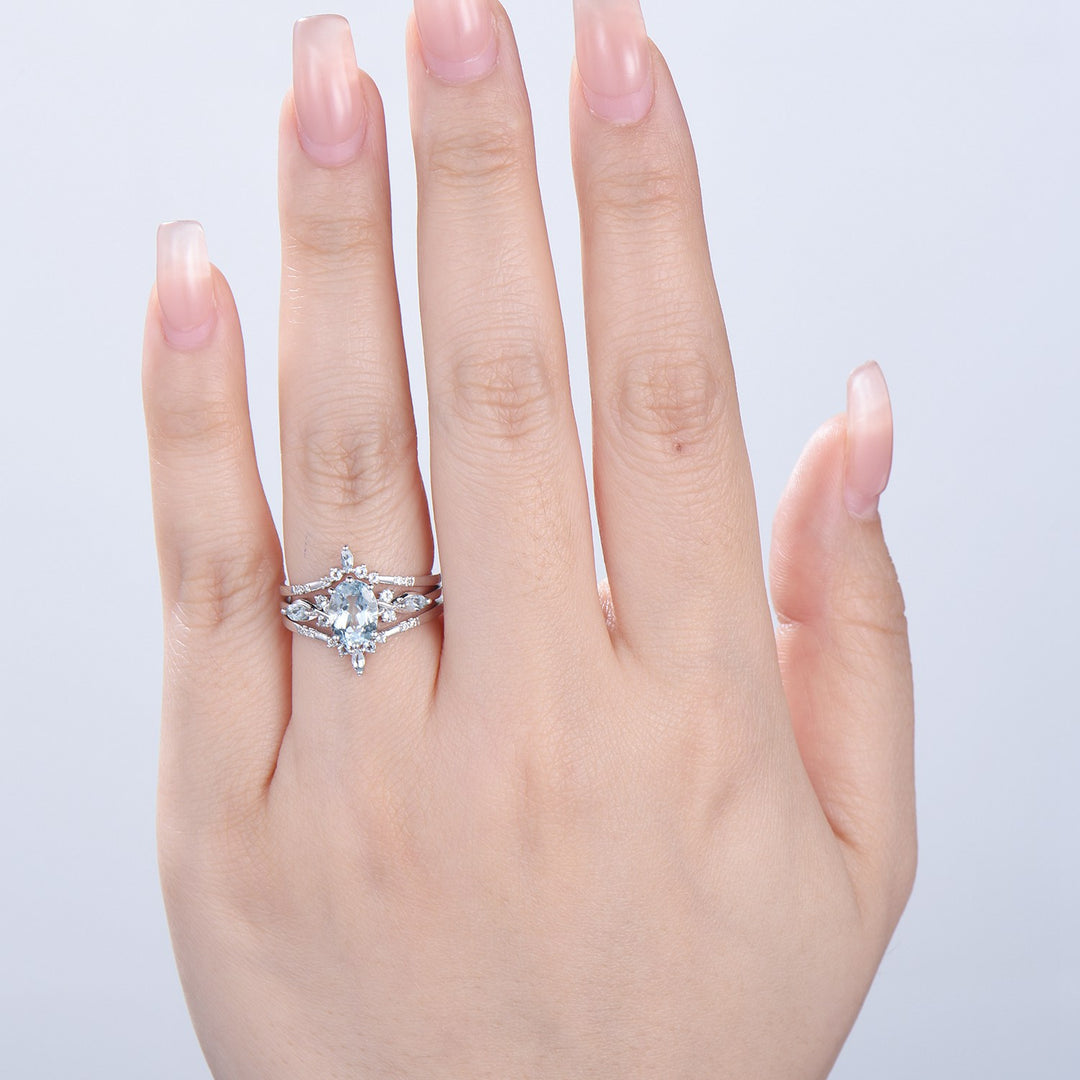 1.5CT Oval Natural Aquamarine Engagement Ring Set Vintage March Birthstone Wedding Ring Set Double Curved Stacking Matching Band Bridal Set - PENFINE