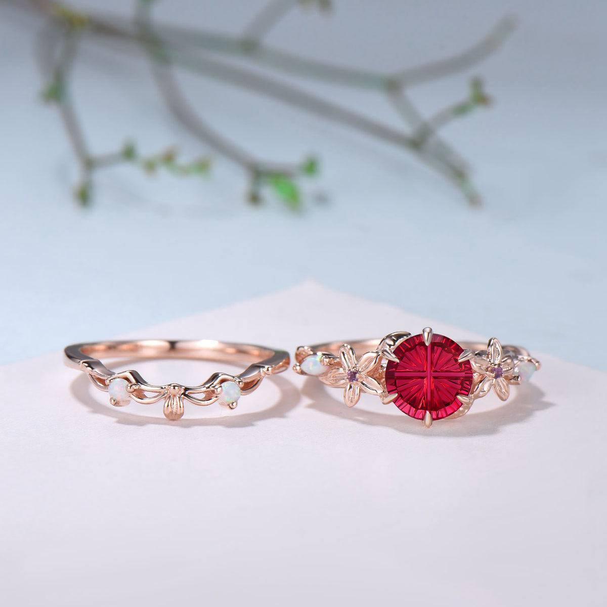 Unique Round Shaped Fantasy Cut Ruby Flower Inspired Wedding Ring Set Opal Matching Band