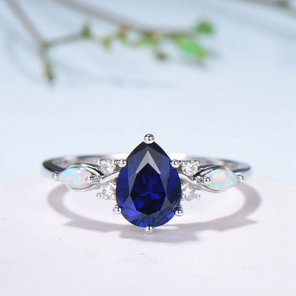 Vintage Sapphire Wedding Ring Set 14k Rose Gold Pear Shaped July Birthstone Engagement Ring Set Unique White Opal Bridal Ring Set for her - PENFINE