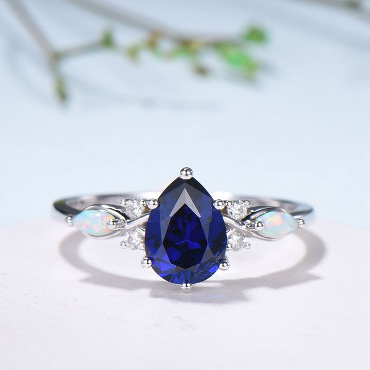 Vintage Sapphire Wedding Ring Set 14k Rose Gold Pear Shaped July Birthstone Engagement Ring Set Unique White Opal Bridal Ring Set for her - PENFINE