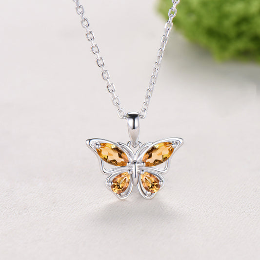 Elegant Natural Citrine Butterfly Jewelry Set,Marquise Teardrop Citrine Pendant,Fairy Wings Stud Earrings