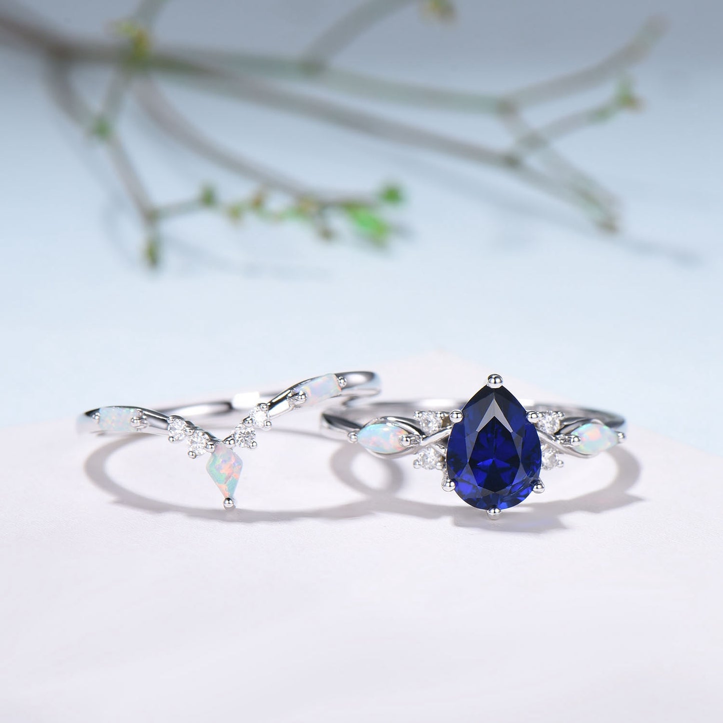Vintage Sapphire Wedding Ring Set 14k Rose Gold Pear Shaped July Birthstone Engagement Ring Set Unique White Opal Bridal Ring Set for her - PENFINE