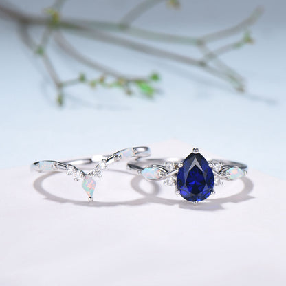 Vintage Sapphire Wedding Ring Set 14k Rose Gold Pear Shaped July Birthstone Engagement Ring Set Unique White Opal Bridal Ring Set for her - PENFINE