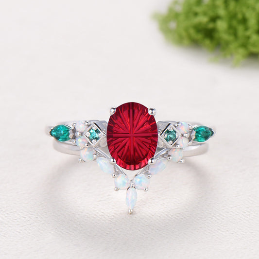 Unique Oval Starburst Ruby Engagement Ring Set , Art Deco Emerald/Turquoise Matching Band 14K White Gold Opal Emerald Wedding Bridal Set