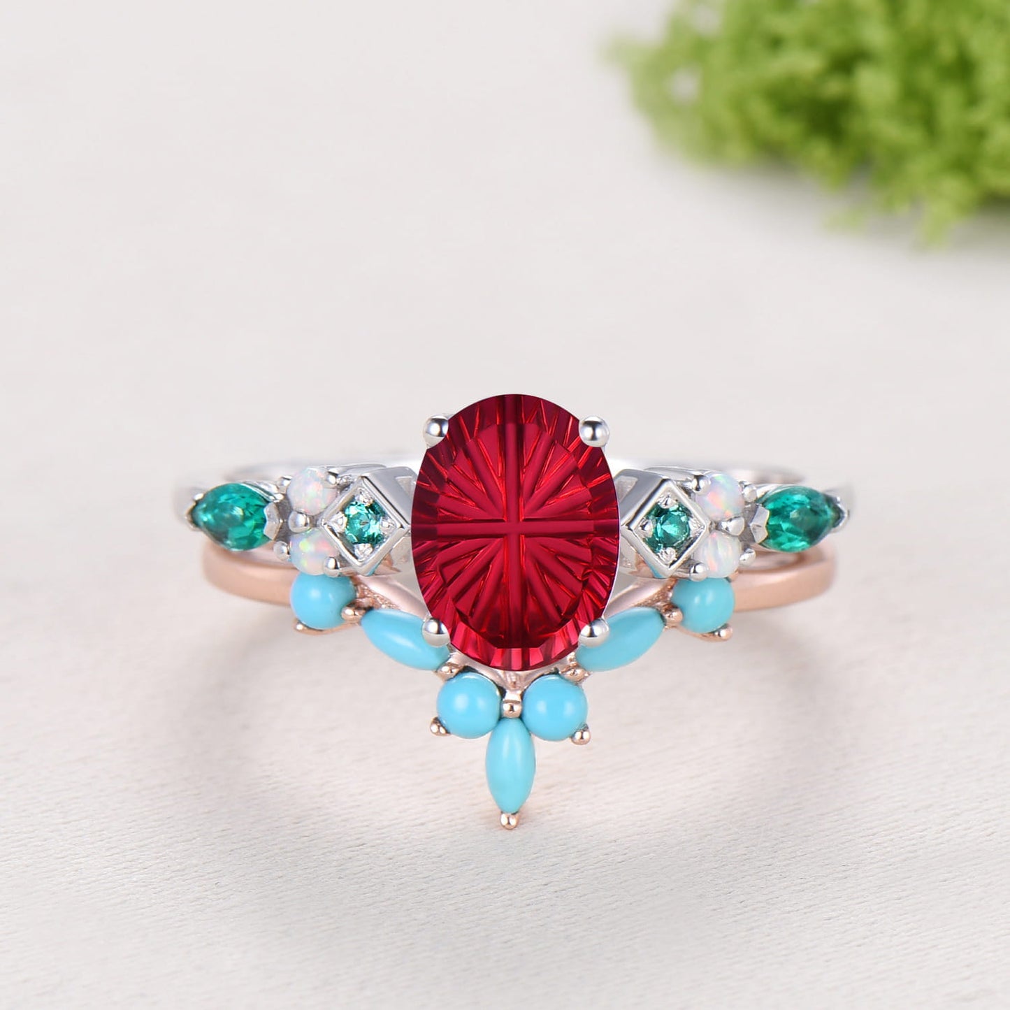 Unique Oval Starburst Ruby Engagement Ring Set , Art Deco Emerald/Turquoise Matching Band 14K White Gold Opal Emerald Wedding Bridal Set