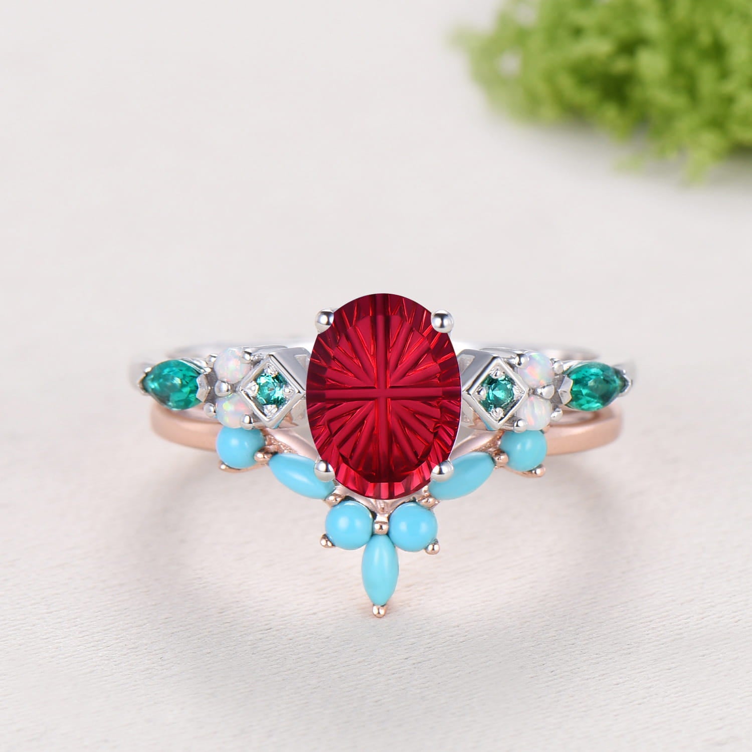Unique Oval Starburst Ruby Engagement Ring Set , Art Deco Emerald/Turquoise Matching Band 14K White Gold Opal Emerald Wedding Bridal Set