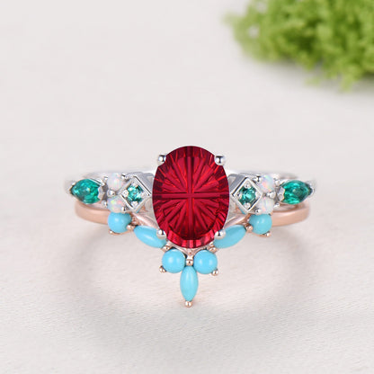 Unique Oval Starburst Ruby Engagement Ring Set , Art Deco Emerald/Turquoise Matching Band 14K White Gold Opal Emerald Wedding Bridal Set
