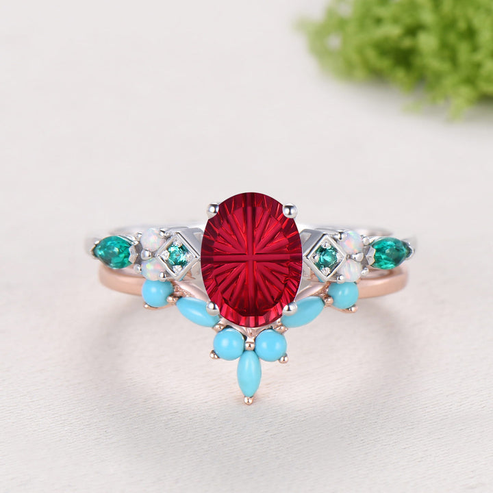 Unique Oval Starburst Ruby Engagement Ring Set , Art Deco Emerald/Turquoise Matching Band 14K White Gold Opal Emerald Wedding Bridal Set