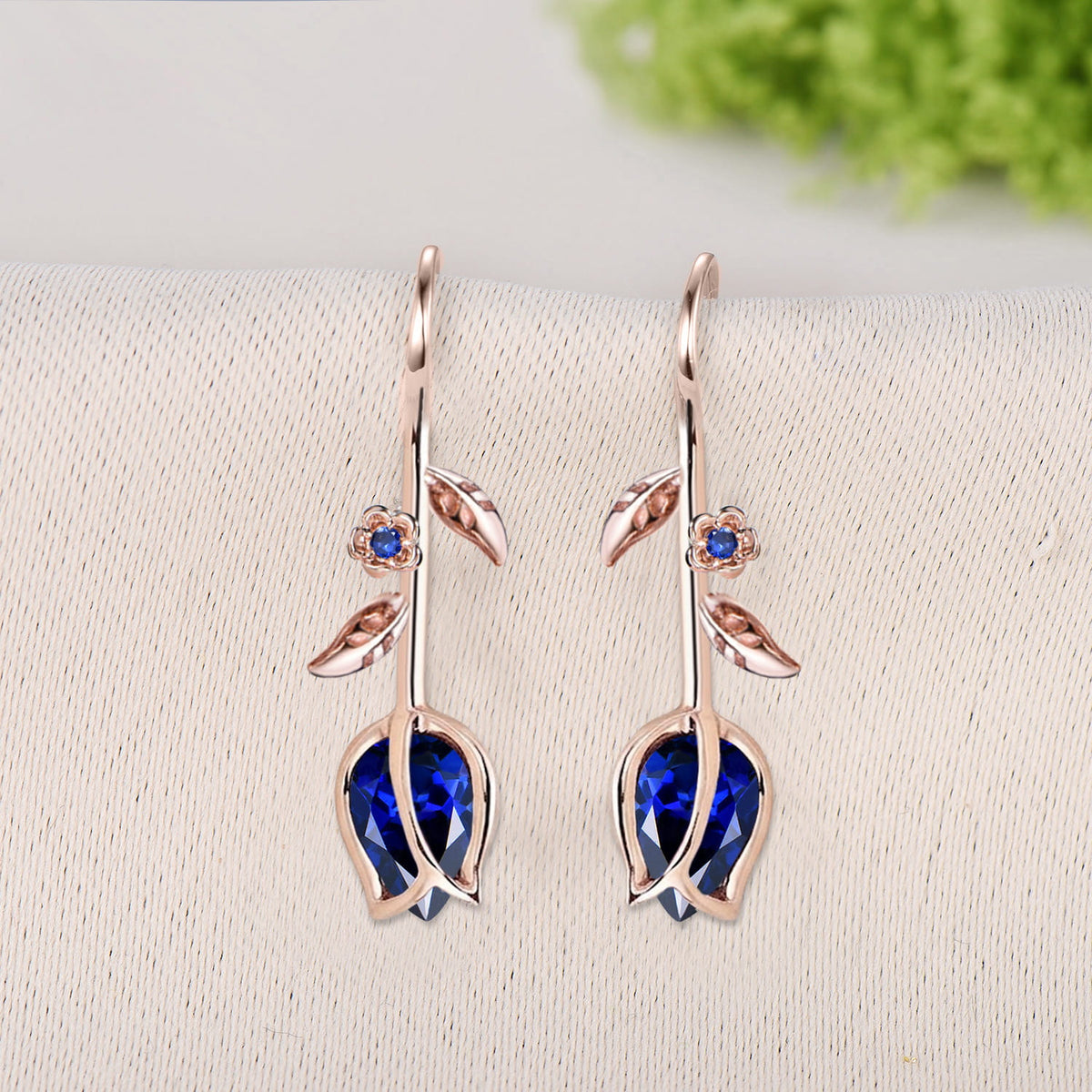 Leaf Vine Blue Sapphire Tulip Earrings, Elegant Flower Drop Earrings