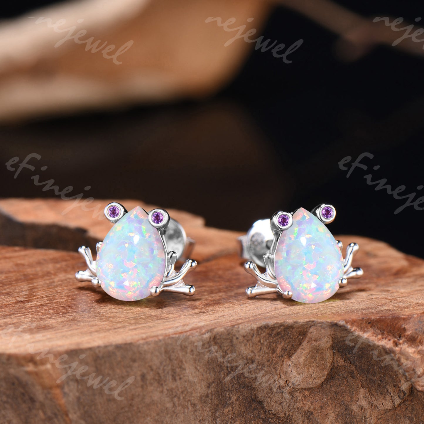 Pear Shaped White Opal Frog Jewelry Set Silver Animal Inspired Amethyst Ring Necklace Stud Earrings (Copy)