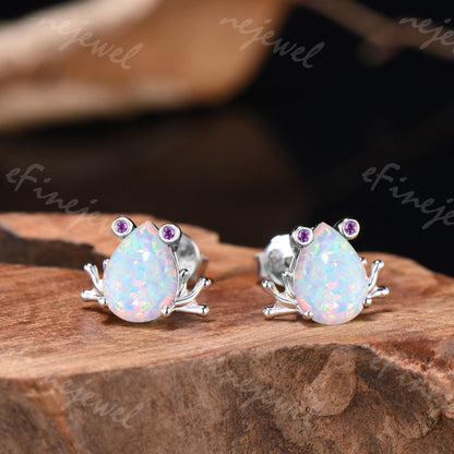 Pear Shaped White Opal Frog Jewelry Set Silver Animal Inspired Amethyst Ring Necklace Stud Earrings (Copy)