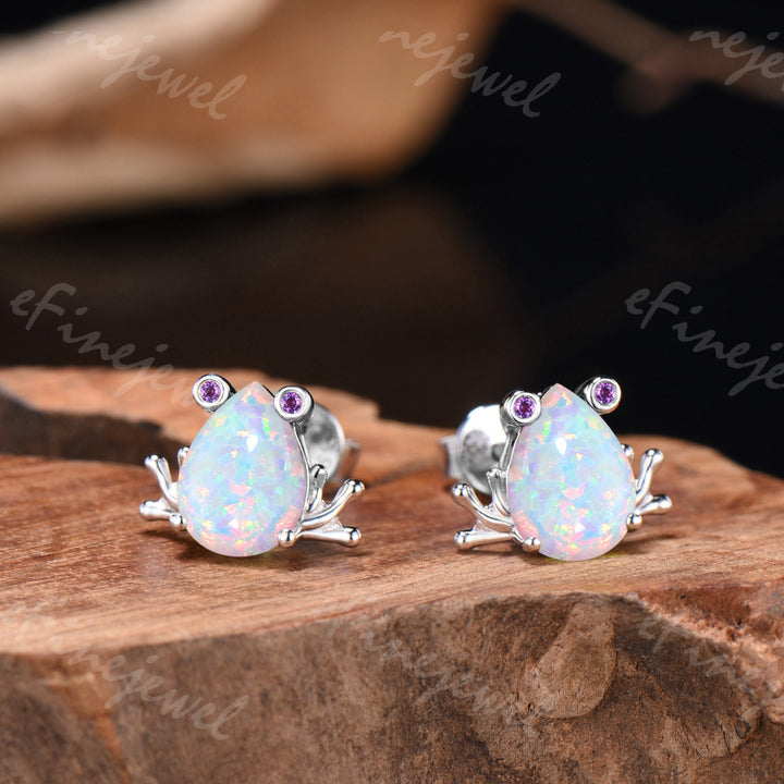 Pear Shaped White Opal Frog Jewelry Set Silver Animal Inspired Amethyst Ring Necklace Stud Earrings (Copy)