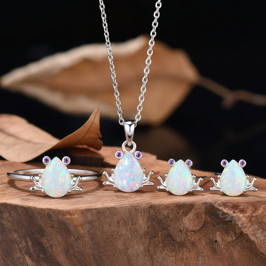 Pear Shaped White Opal Frog Jewelry Set Silver Animal Inspired Amethyst Ring Necklace Stud Earrings (Copy)