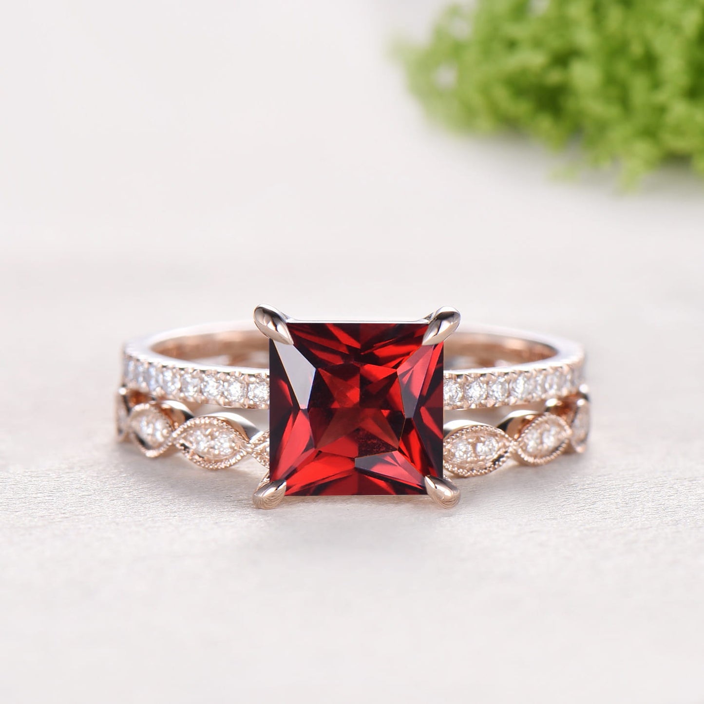 Vintage Princess Cut Natural Garnet Engagement Ring Set, 14K Rose Gold Pave Band Wedding Ring Set, Art Deco Diamond Marquise Stacking Ring