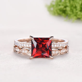 Vintage Princess Cut Natural Garnet Engagement Ring Set, 14K Rose Gold Pave Band Wedding Ring Set, Art Deco Diamond Marquise Stacking Ring