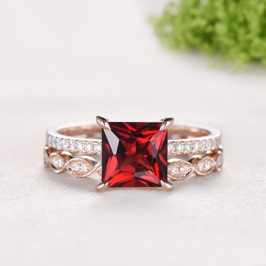 Vintage Princess Cut Natural Garnet Engagement Ring Set, 14K Rose Gold Pave Band Wedding Ring Set, Art Deco Diamond Marquise Stacking Ring