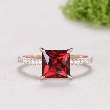 Vintage Princess Cut Natural Garnet Engagement Ring Set, 14K Rose Gold Pave Band Wedding Ring Set, Art Deco Diamond Marquise Stacking Ring