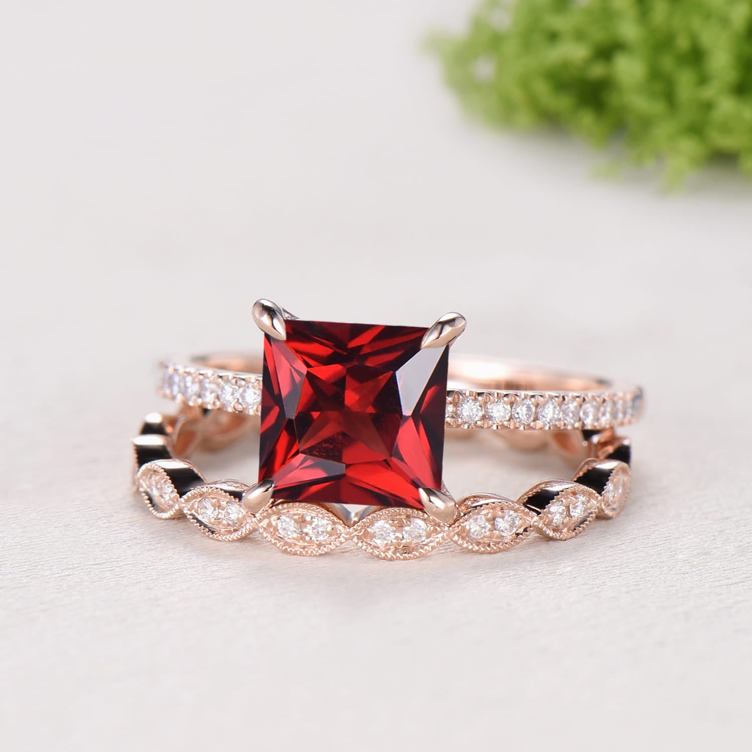 Vintage Princess Cut Natural Garnet Engagement Ring Set, 14K Rose Gold Pave Band Wedding Ring Set, Art Deco Diamond Marquise Stacking Ring