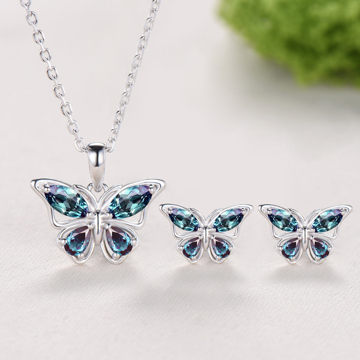 Elegant Color-change Alexandrite Butterfly Jewelry Set,Multi-shaped Alexandrite Necklace ,Fairy Wings Stud Earrings