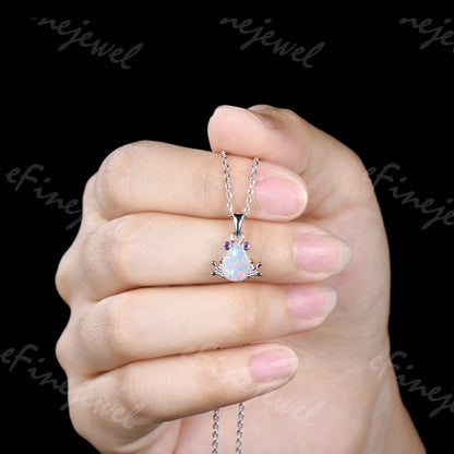 Pear Shaped White Opal Frog Jewelry Set Silver Animal Inspired Amethyst Ring Necklace Stud Earrings (Copy)