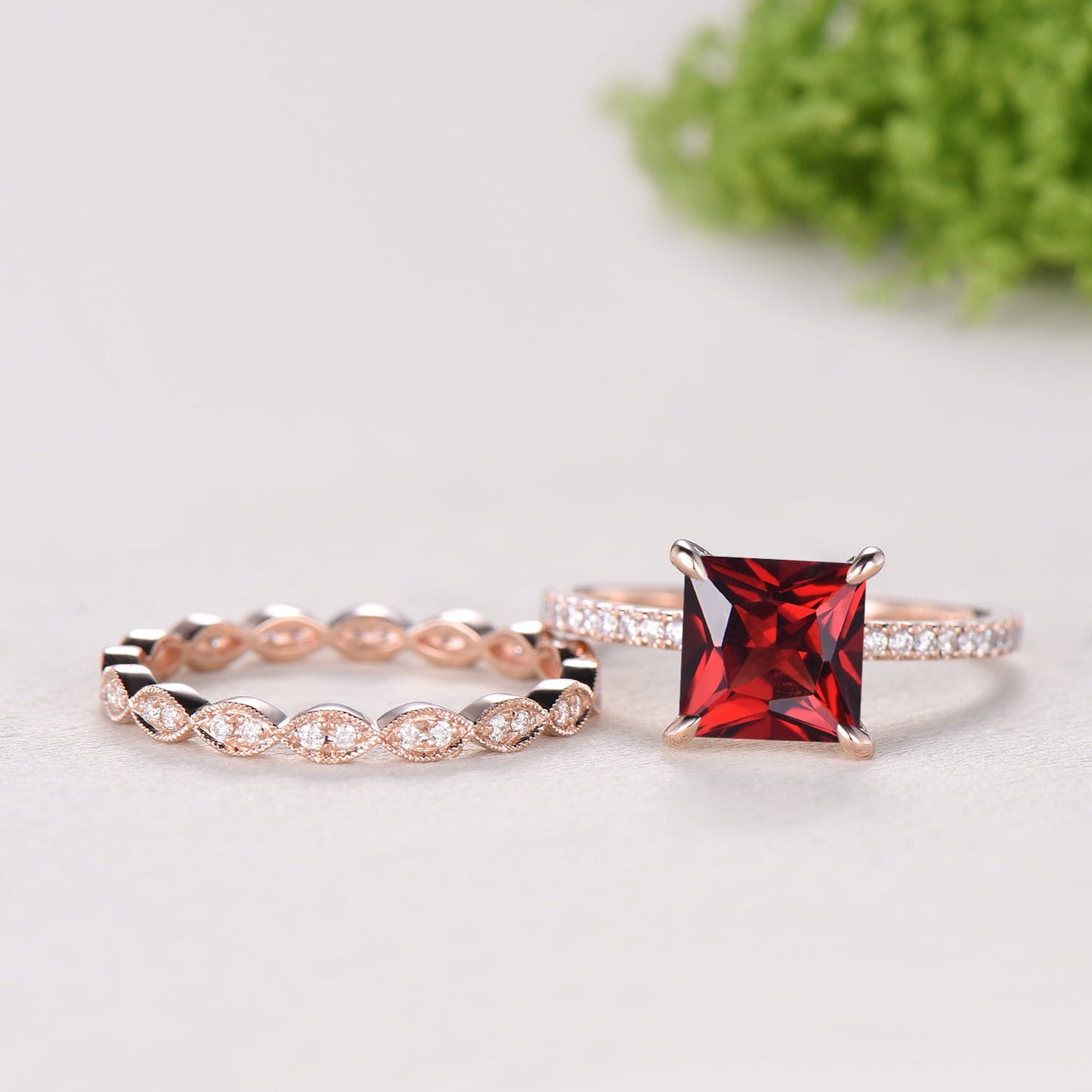 Vintage Princess Cut Natural Garnet Engagement Ring Set, 14K Rose Gold Pave Band Wedding Ring Set, Art Deco Diamond Marquise Stacking Ring