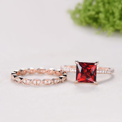 Vintage Princess Cut Natural Garnet Engagement Ring Set, 14K Rose Gold Pave Band Wedding Ring Set, Art Deco Diamond Marquise Stacking Ring