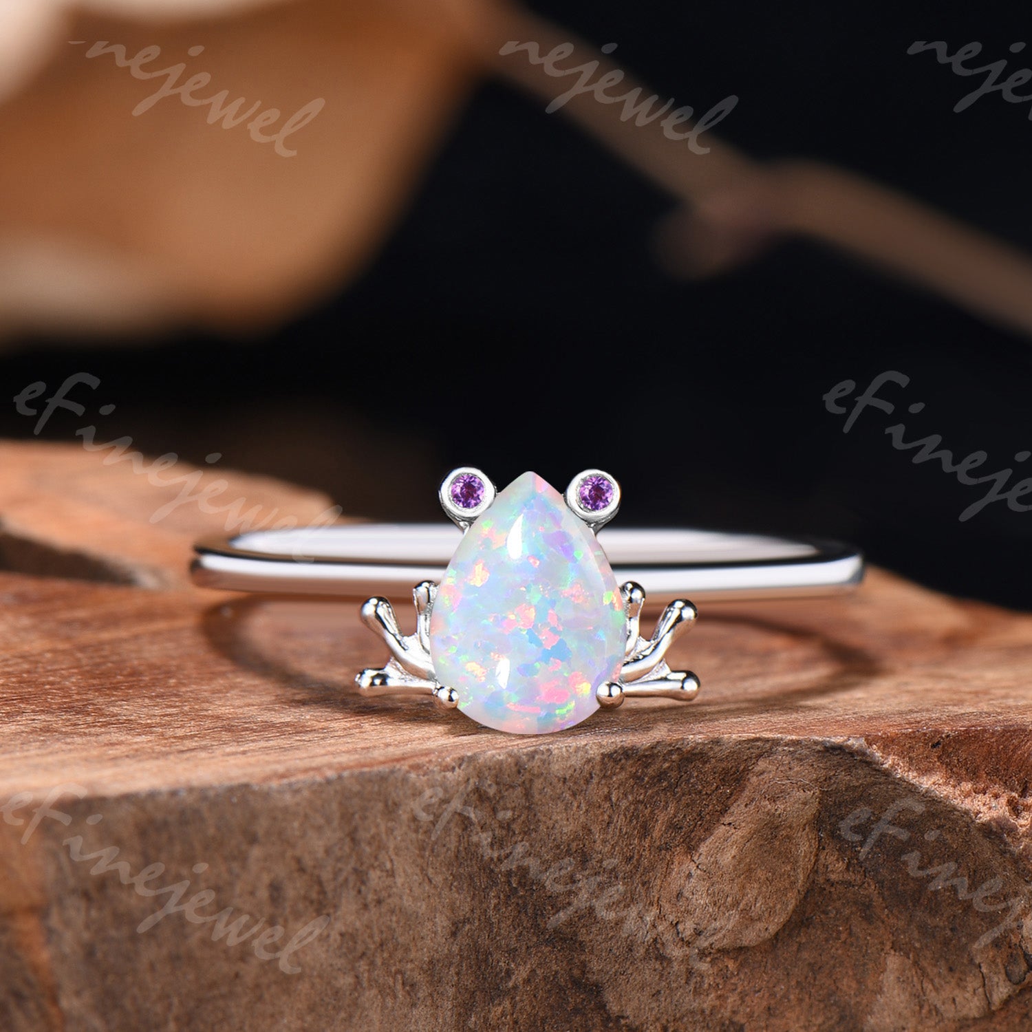 Pear Shaped White Opal Frog Jewelry Set Silver Animal Inspired Amethyst Ring Necklace Stud Earrings (Copy)