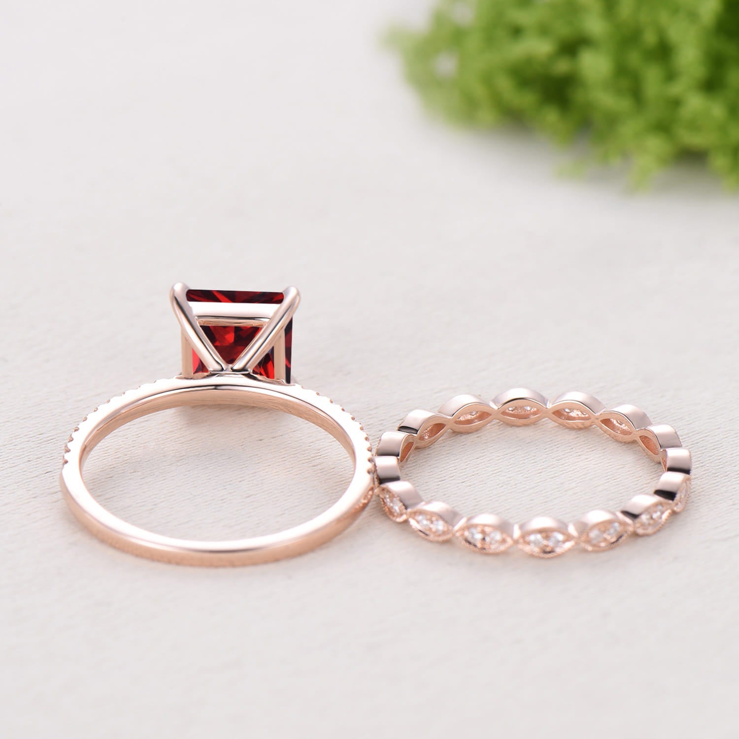 Vintage Princess Cut Natural Garnet Engagement Ring Set, 14K Rose Gold Pave Band Wedding Ring Set, Art Deco Diamond Marquise Stacking Ring