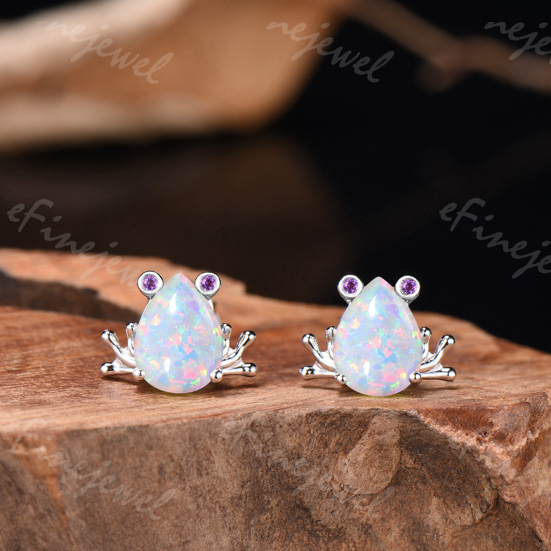 Pear Shaped White Opal Frog Jewelry Set Silver Animal Inspired Amethyst Ring Necklace Stud Earrings (Copy)