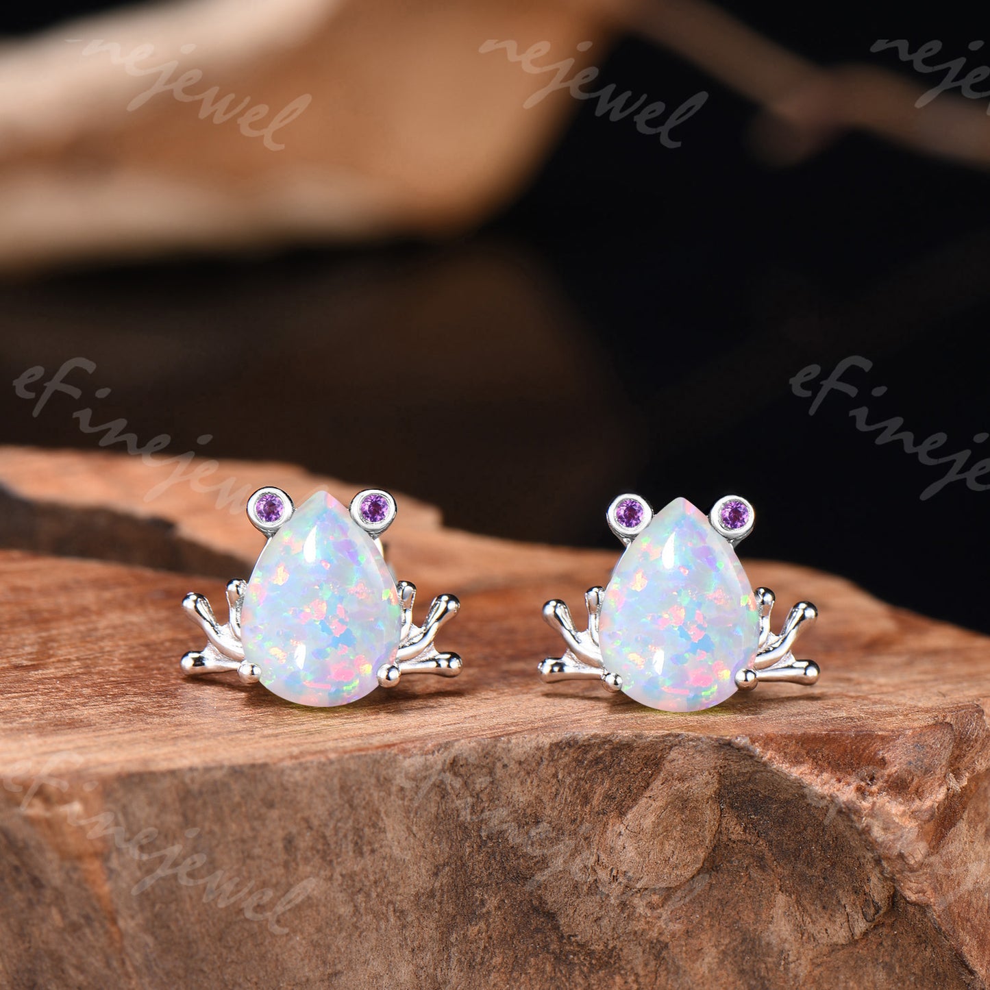 Pear Shaped White Opal Frog Jewelry Set Silver Animal Inspired Amethyst Ring Necklace Stud Earrings (Copy)