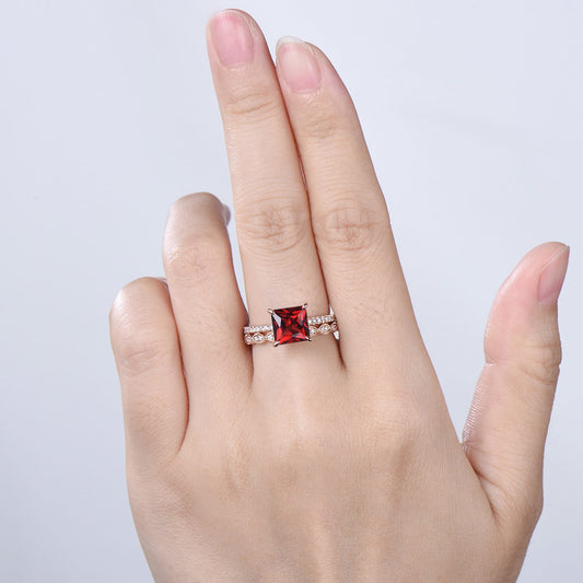 Vintage Princess Cut Natural Garnet Engagement Ring Set, 14K Rose Gold Pave Band Wedding Ring Set, Art Deco Diamond Marquise Stacking Ring