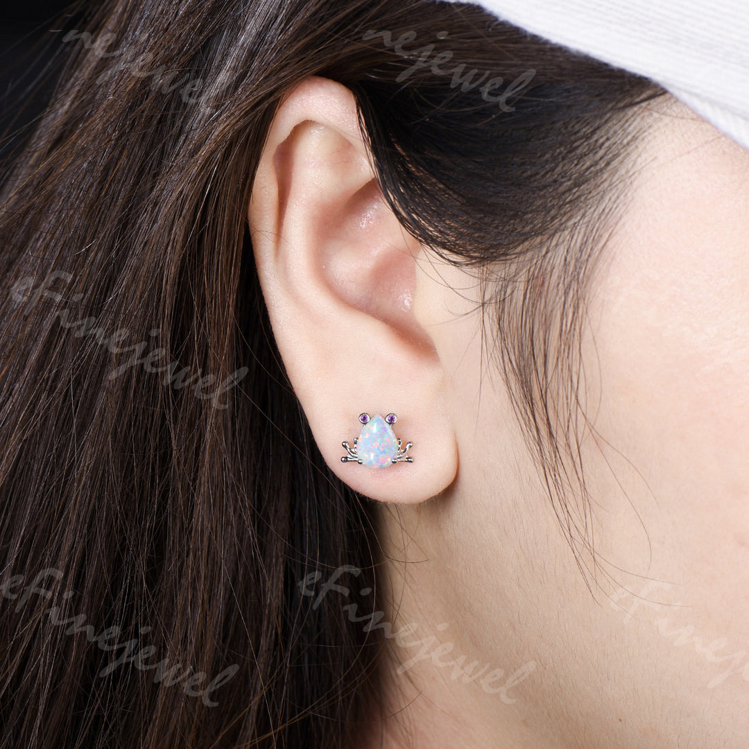 Pear Shaped White Opal Frog Jewelry Set Silver Animal Inspired Amethyst Ring Necklace Stud Earrings (Copy)