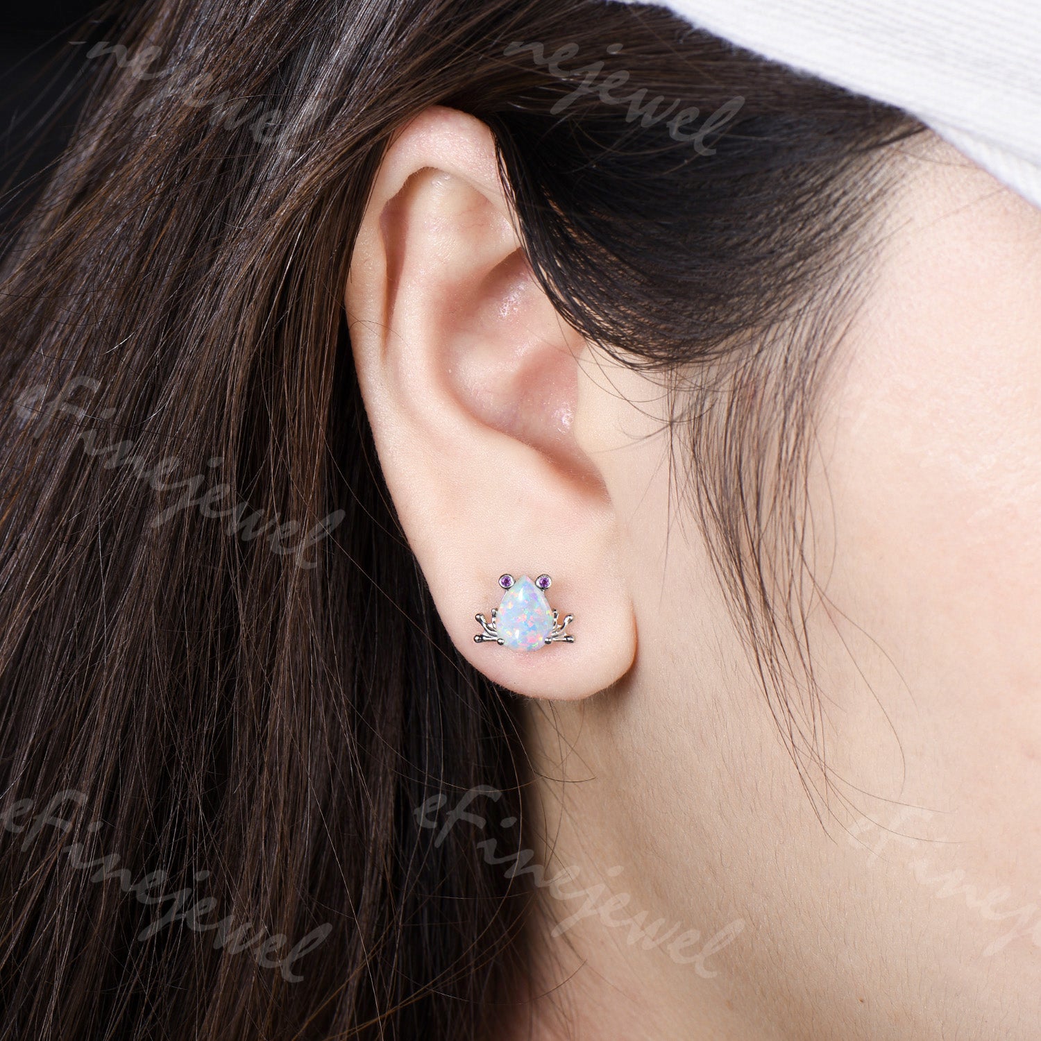 Pear Shaped White Opal Frog Jewelry Set Silver Animal Inspired Amethyst Ring Necklace Stud Earrings (Copy)