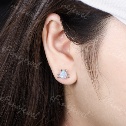 Pear Shaped White Opal Frog Jewelry Set Silver Animal Inspired Amethyst Ring Necklace Stud Earrings (Copy)