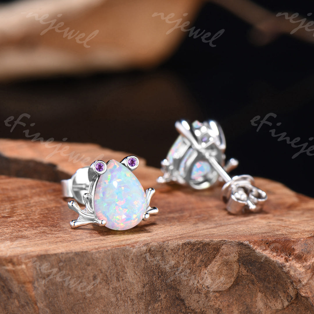 Pear Shaped White Opal Frog Jewelry Set Silver Animal Inspired Amethyst Ring Necklace Stud Earrings (Copy)
