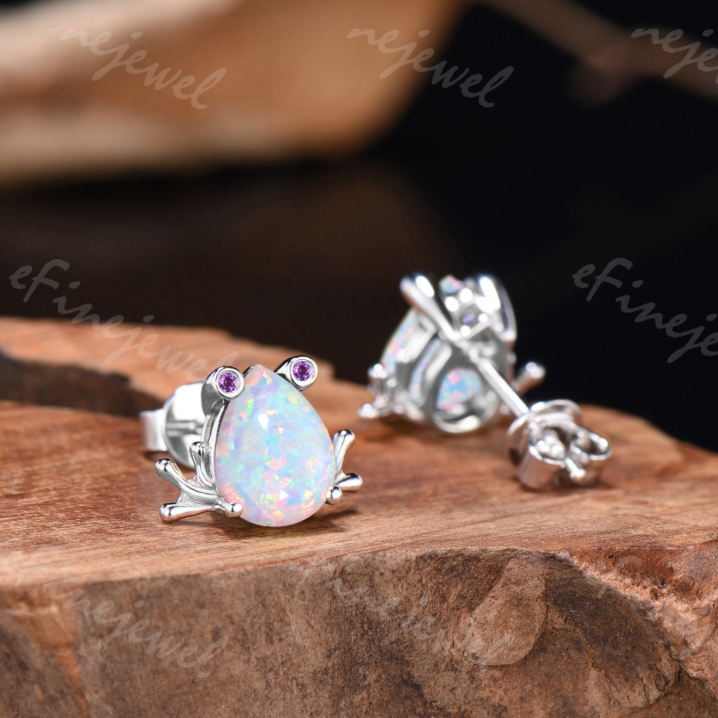 Pear Shaped White Opal Frog Jewelry Set Silver Animal Inspired Amethyst Ring Necklace Stud Earrings (Copy)