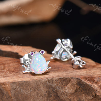 Pear Shaped White Opal Frog Jewelry Set Silver Animal Inspired Amethyst Ring Necklace Stud Earrings (Copy)