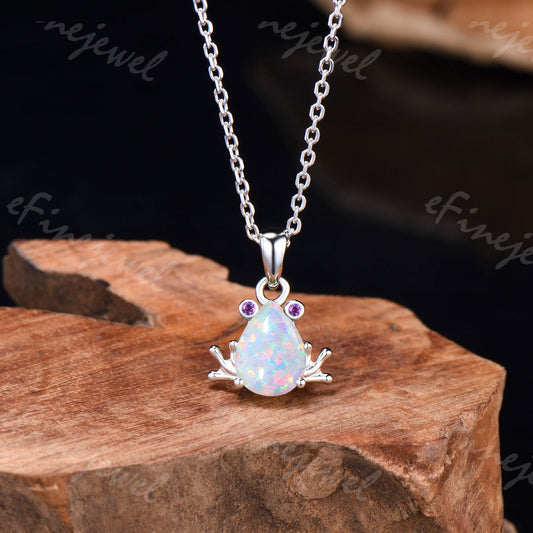 Pear Shaped White Opal Frog Jewelry Set Silver Animal Inspired Amethyst Ring Necklace Stud Earrings (Copy)