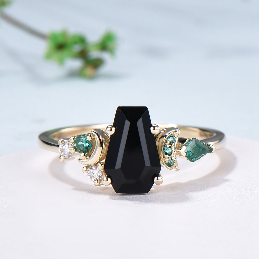 Unique Coffin cut black onyx engagement ring Art deco gothic design emerald wedding ring moon cluster ring bridal anniversary promise ring - PENFINE