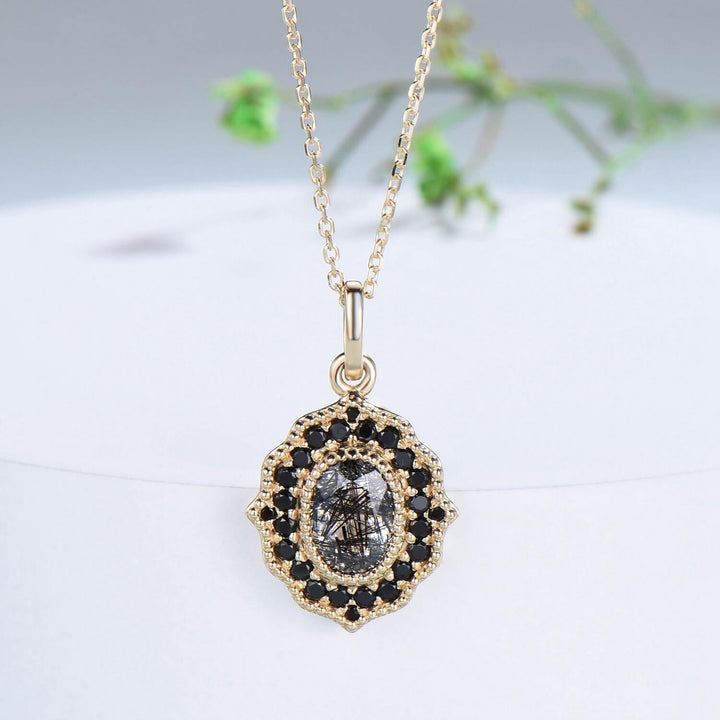 1CT Oval natural Black Rutilated Quartz pendant necklace solid 14k 18k rose gold vintage unique Personalized black spinel pendant for women - PENFINE