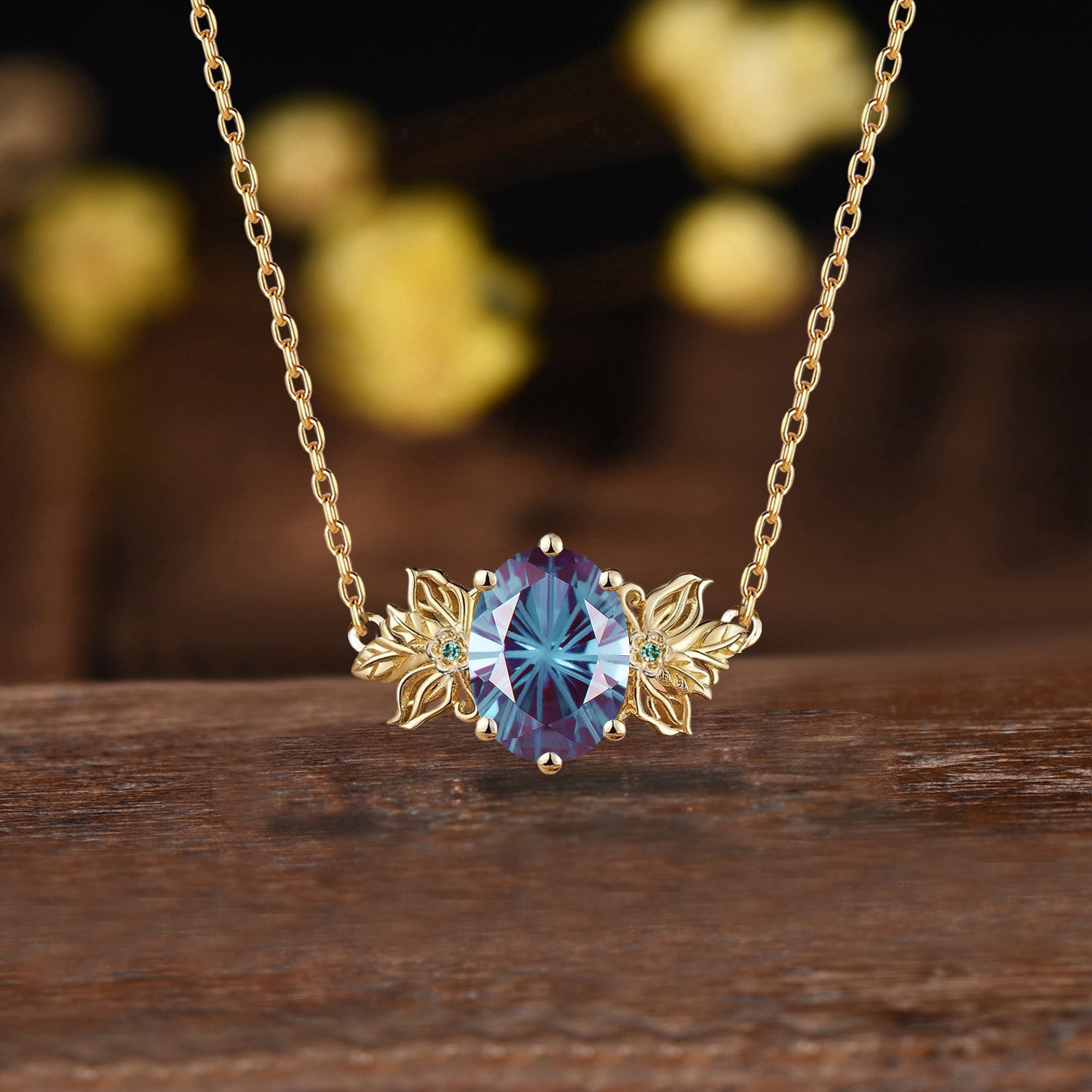 Unique Firework Cut Oval Alexandrite Neckalce Butterfly Flower Pendant Floral Emerald Leaf Branch Twig Necklace Wedding Gift June Birthstone
