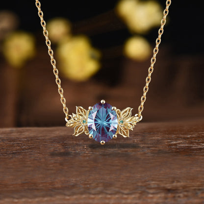 Unique Firework Cut Oval Alexandrite Neckalce Butterfly Flower Pendant Floral Emerald Leaf Branch Twig Necklace Wedding Gift June Birthstone