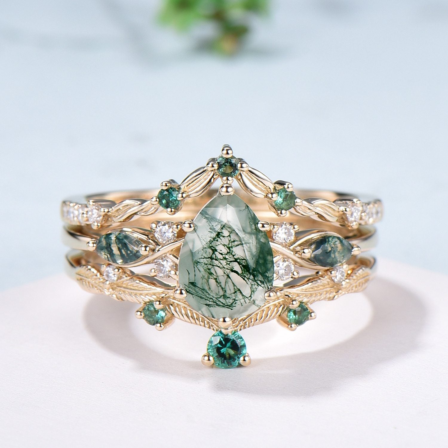 3pcs 10K Yellow Gold Moss Agate Ring Set Pear Shaped Natural Green Agate  Leaf Vine Engagement Ring Set - PENFINE