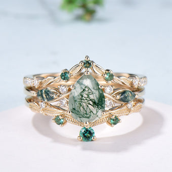 3pcs 10K Yellow Gold Moss Agate Ring Set Pear Shaped Natural Green Agate  Leaf Vine Engagement Ring Set - PENFINE