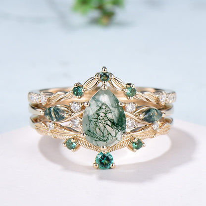 3pcs 10K Yellow Gold Moss Agate Ring Set Pear Shaped Natural Green Agate  Leaf Vine Engagement Ring Set - PENFINE
